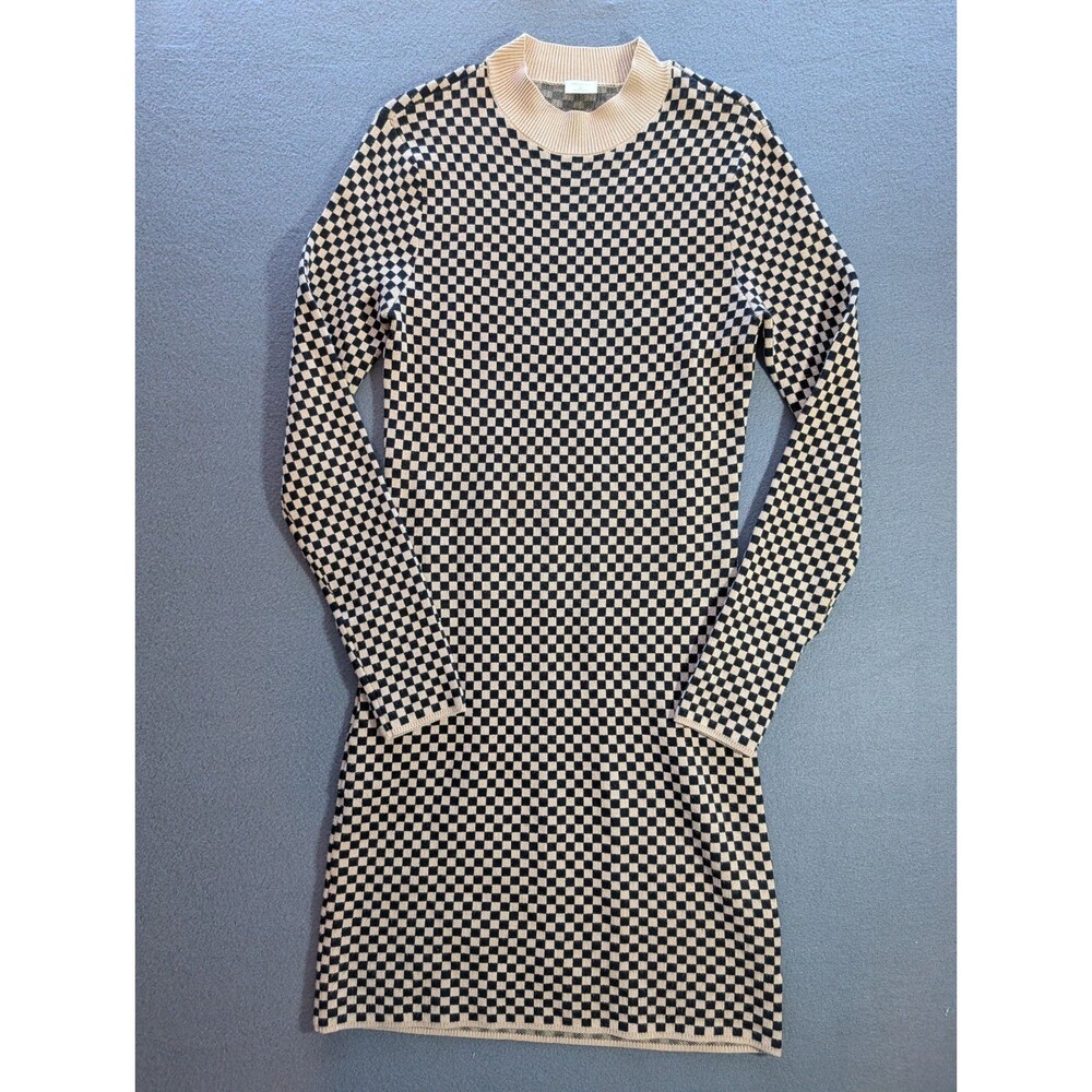 Abercrombie & Fitch Womens M Checkered Sweater Dress Black Tan Long Sleeve Mini